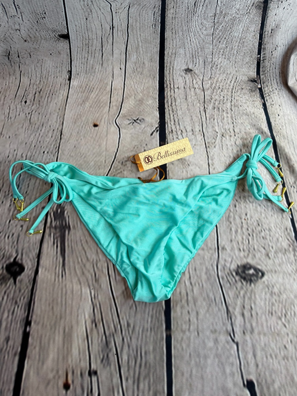 BELLISIMA Aqua Tie Side Bikini Bottom Gold Accent Swimwear NWT